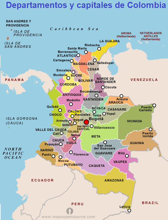Resultado de imagen para mapa politico de colombia departamentos y capitales