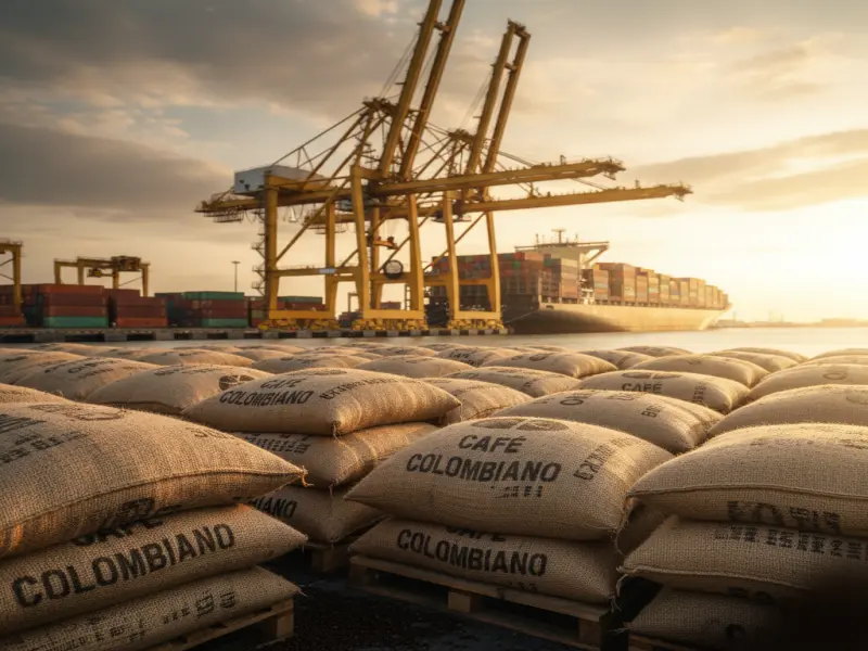 Contenedores cargados en un puerto internacional, representando el comercio del café colombiano hacia Estados Unidos.