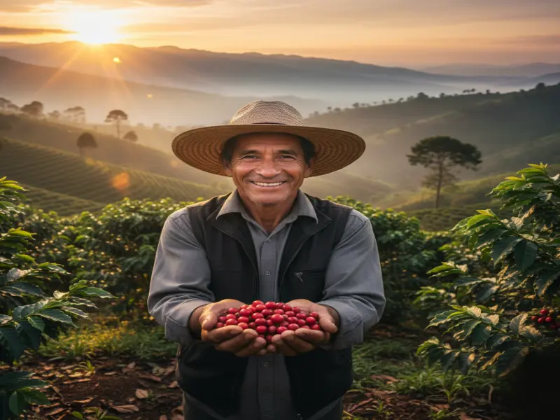 Caficultor colombiano mostrando el fruto de la nueva variedad Umbral