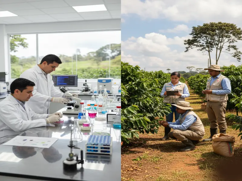 Investigadores colombianos analizando nuevas variedades de café en laboratorio